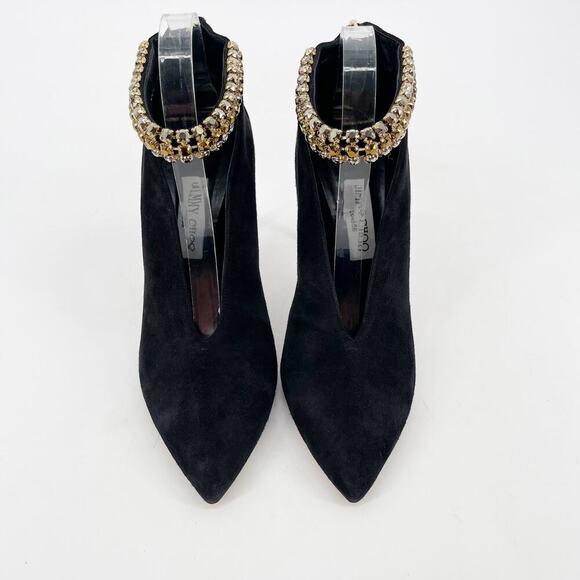 Jimmy Choo Lux 100 Black Suede Gold Crystal Ankle Strap Vamp Booties size IT 40 - Picture 5 of 11